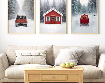 Winter Landscape Print Set | Snowy Forest, Holiday Cabin (Digital Download)