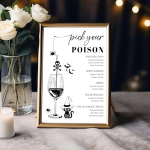 Menu Choisissez votre poison, modèle de menu de bar Halloween, enseigne effrayante pour les boissons de mariage, carte de cocktails modifiable, décoration de fête d&#39;Halloween pour adultes