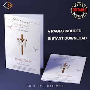 以下が含まれることがあります： 木製の十字架と鳩のイラストが描かれた白い教会掲示板。掲示板には「Welcome」、「Church Name」、「Weekly Bulletin」の文字が記載されています。「4 Pages Included」と「Instant Download」の文字も表示されています。