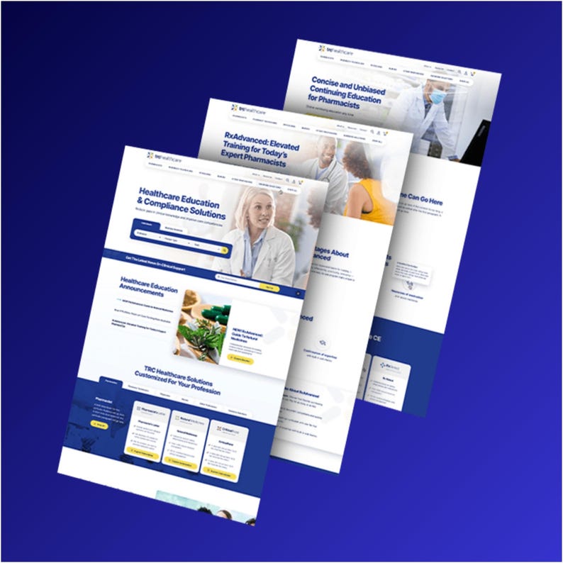 K&ouml;nnte beinhalten: Drei &uuml;bereinanderliegende Webseiten mit blau-wei&szlig;em Design, die Inhalte zu Gesundheitsausbildung und -schulung f&uuml;r Apotheker zeigen. Der Text umfasst "Healthcare Education & Compliance Solutions" und "RxAdvanced: Elevated Training".