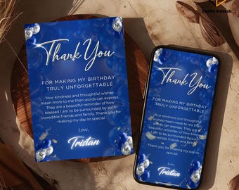 Sapphire Blue and Diamond Silver Thank You Card & Gift Tag Template | Editable Printable Design