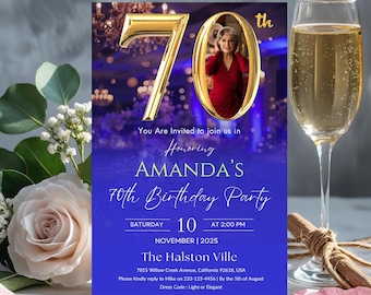 Digital 70th Birthday Invitation Gold Template | Editable Canva Invite | Elegant Seventy Birthday Celebration | Printable Milestone Card