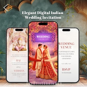 May include: Digital Indian wedding invitation displayed on three smartphones. The design features a couple in traditional attire, a Ganesha illustration, and event details. The invitation includes the text "Wedding Venue" and "RSVP".