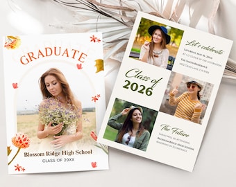 Graduation Invitation Template | Boho Wildflower Floral Photo Invite | Editable Canva Party Download