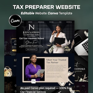 May include: A website template for tax preparers, featuring a dark color scheme with images of a woman in a white suit and another in a purple shirt. The text includes "TAX PREPARER WEBSITE" and "Get Your Maximum Refund."