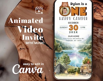 One Happy Camper 1st Birthday Invitation Template | Photo Rustic Woodland Invite | Editable Canva Download