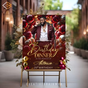 May include: A burgundy birthday dinner sign with gold lettering and a photo of a man in a burgundy suit. The sign says "Welcome to the Birthday Dinner in the Honour of Antonio 25th Birthday."