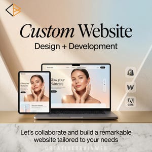Puede incluir: Un portátil y una tableta muestran un diseño de sitio web con el texto "Glow your Skincare". La imagen también incluye el texto "Custom Website Design + Development" y "Let's collaborate and build a remarkable website tailored to your needs."