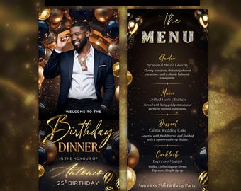 Black Gold Birthday Menu Template | Elegant Editable Dinner Party Menu | Canva Template