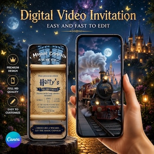 Magical Train Birthday Video Invitation | Animated Wizard Party Invite | Editable Canva Template