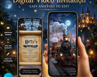 Magical Train Birthday Video Invitation | Animated Wizard Party Invite | Editable Canva Template