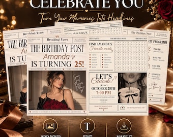 Birthday Newspaper Template | Funny Photo Birthday Party Program | Keepsake Newspaper | Editable Canva