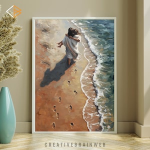 May include: A framed art print depicts a person carrying another person along a sandy beach. The artwork features a palette of warm browns, blues, and whites, with footprints in the sand and waves crashing on the shore. The text "CREATIVEBRAINWEB" is at the bottom.