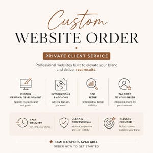 May include: A beige graphic with the text "Custom WEBSITE ORDER" in a stylish font. The image promotes website design services, highlighting features like custom design, SEO setup, and fast delivery. It also includes the text "Private Client Service".