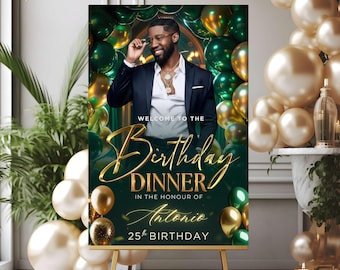 Editable Birthday Welcome Sign: Emerald Green & Antique Gold Party Poster (Digital Download, Canva Template)
