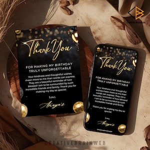 以下が含まれることがあります： 黒と金の誕生日のサンキューカードと電話ディスプレイ。カードと電話の画面には、金色のスクリプトで「Thank You」という言葉が表示され、その下にテキストがあります。カードと電話には、金色の紙吹雪と風船のアクセントがあります。