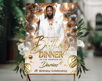 Editable Birthday Welcome Sign: Champagne Gold, Ivory & Pearl White Party Poster (Digital Download, Canva Template)