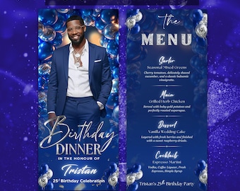 Sapphire Blue and Diamond Silver Menu Template | Editable Dinner Party Menu | Elegant Printable Table Card