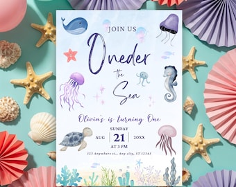 Oneder the Sea Birthday Invitation: Watercolor Sea Animals Canva Template (Digital Download )