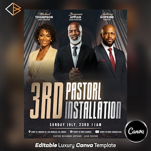 Puede incluir: Un folleto promocional para la 3ª Instalación Pastoral. El diseño presenta a tres pastores, Michael Thompson, Benjamin Appiah y Anthony Hopkins. El folleto incluye detalles del evento, la ubicación y el logotipo de Canva. El texto dice "Plantilla Canva de lujo editable."