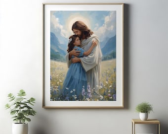 Love of Christ, Modern Christian Art, Jesus Hugging Girl, Jesus with Woman, Jesus Painting, Jesus Prints, Bible Art, Jesus Wall Art