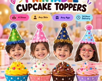 Custom Face Cupcake Toppers | Personalized Photo Party Hat Toppers | Funny Birthday Party Decor | Digital Printable