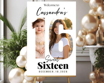 Sweet 16 Welcome Sign with Photo | Editable 16th Birthday Party Poster | Printable Template