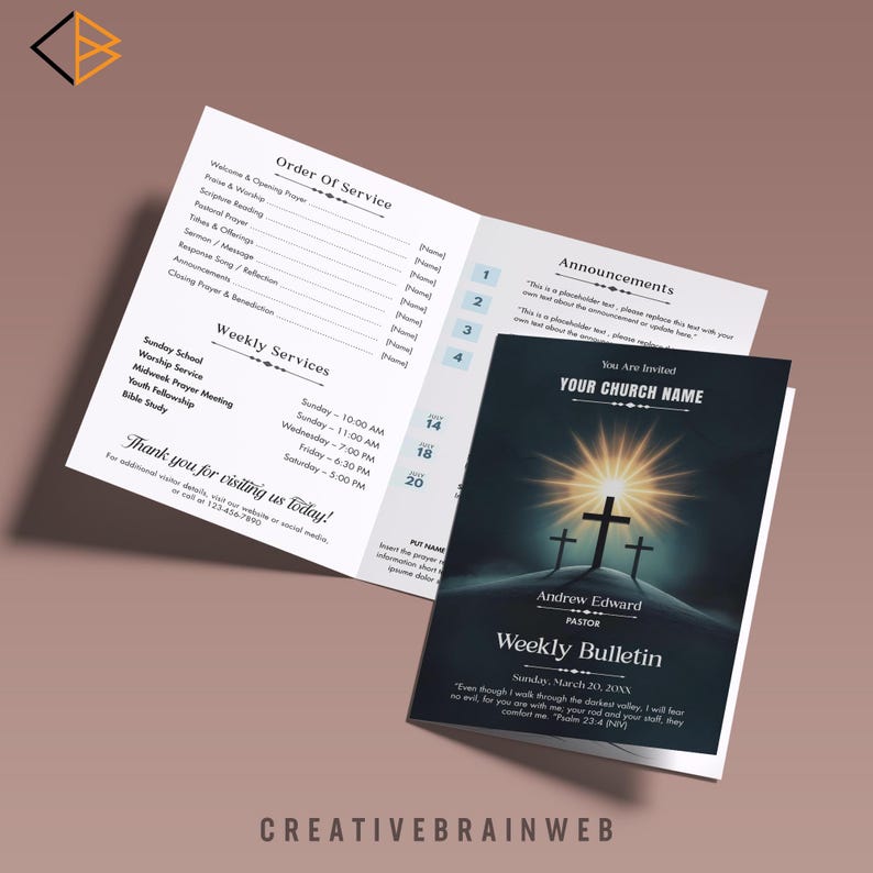 Church Bulletin Template Editable Canva Bifold Program Worship