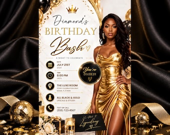 Black Gold Birthday Invitation with Photo | Any Age Milestone Party Invite | 30th 40th 50th | Editable Canva