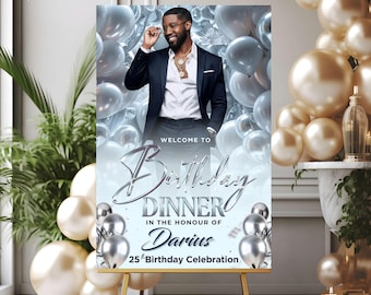 Editable Birthday Welcome Sign: White, Crystal Silver & Frosted Glass Party Poster (Digital Download, Canva Template)