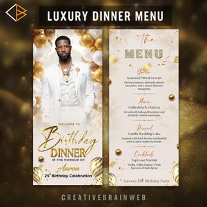 White and Gold Birthday Dinner Menu | Luxury Editable Party Menu | Elegant Printable Table Card