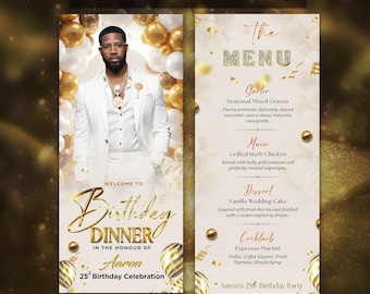 White and Gold Birthday Dinner Menu | Luxury Editable Party Menu | Elegant Printable Table Card