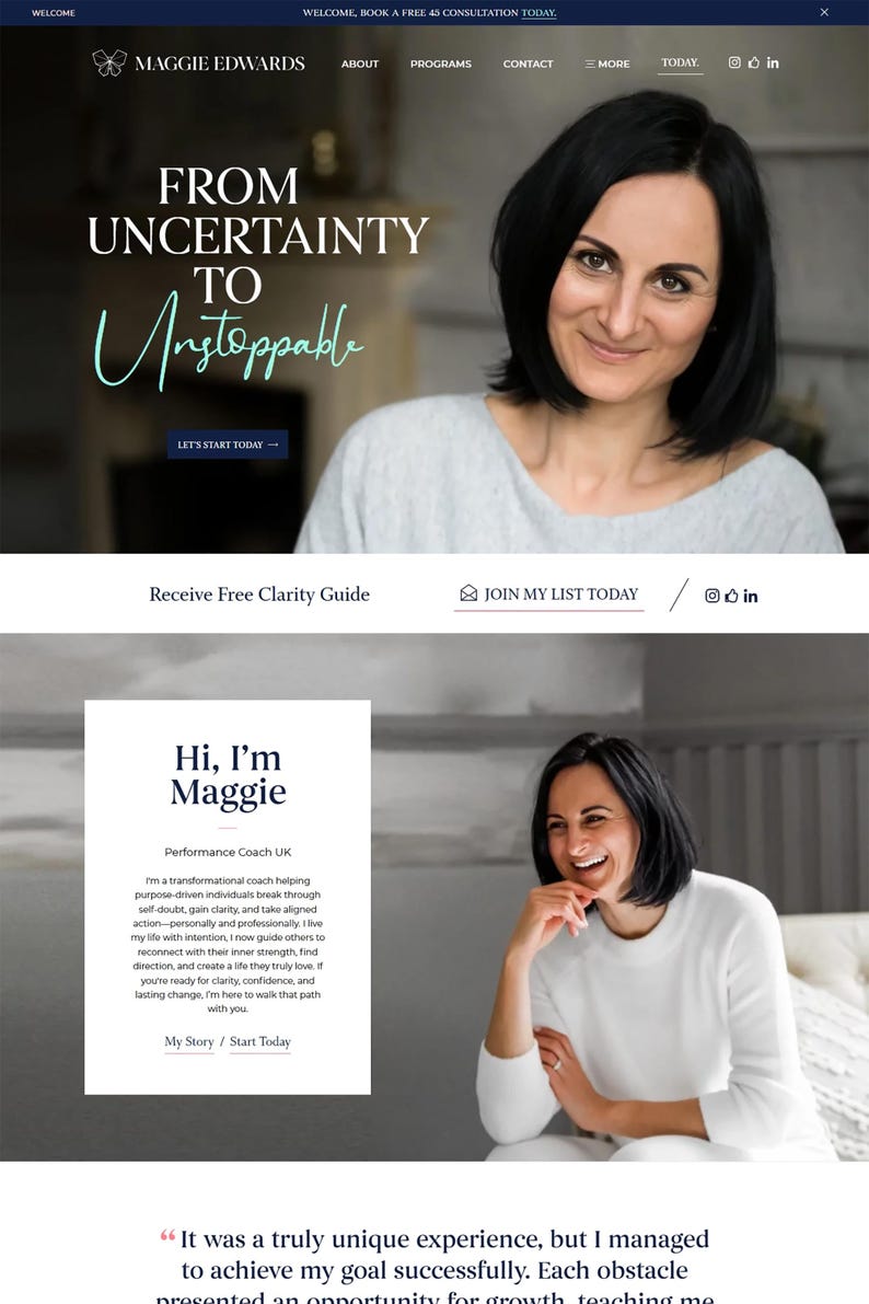 K&ouml;nnte beinhalten: Webseite mit einer l&auml;chelnden Frau, die Coaching-Dienstleistungen bewirbt. Text enth&auml;lt "Von Unsicherheit zu Unaufhaltsam" und "Hallo, ich bin Maggie, Performance Coach UK". Bietet eine kostenlose Beratung an.