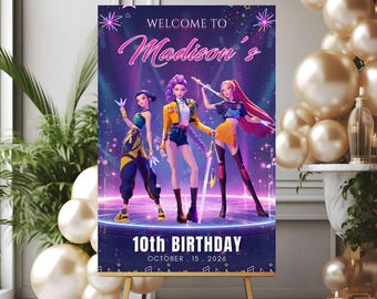 KPop Demon Hunters Welcome Sign | Huntrix Birthday Party Poster | Editable Canva Template