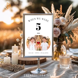 May include: A silver framed table sign with the text "WHEN WE WERE 5" at the top. Below the text are two children's photos with a red heart between them. The names "LUCAS + EMMA" and the date "09.22.20XX" are at the bottom.