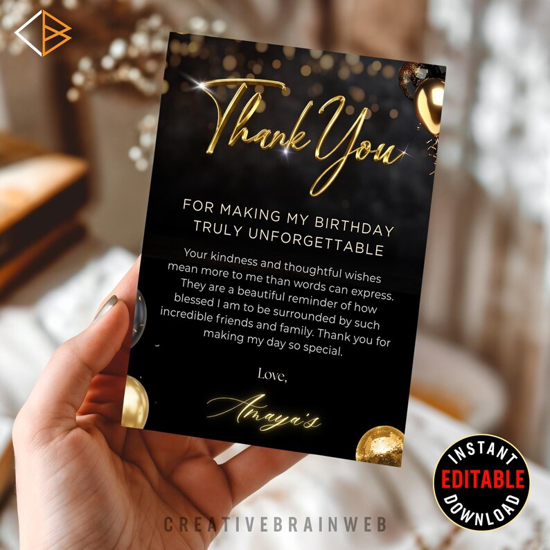 Black and Gold Thank You Card & Gift Tag Template | Editable Printable ...