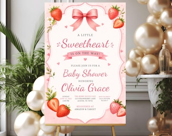 Berry Sweet Baby Shower Welcome Sign | Strawberry Baby Shower Decor for Girl | Editable Canva Template | Printable