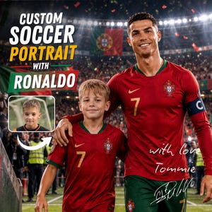 Puede incluir: Un gráfico digital que muestra un retrato de fútbol personalizado con Cristiano Ronaldo y un niño, ambos con camisetas de fútbol rojas y verdes de Portugal con el número 7. El texto dice CUSTOM SOCCER PORTRAIT WITH RONALDO y with love Tommie.