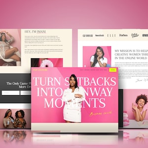 May include: A series of website mockups in pink and white. The central mockup displays the text "TURN SETBACKS INTO RUNWAY MOMENTS." Other mockups include the text "HEY, I'M IMANI" and "MY MISSION IS TO HELP CREATIVE WOMEN THRIVE IN THE ONLINE WORLD."