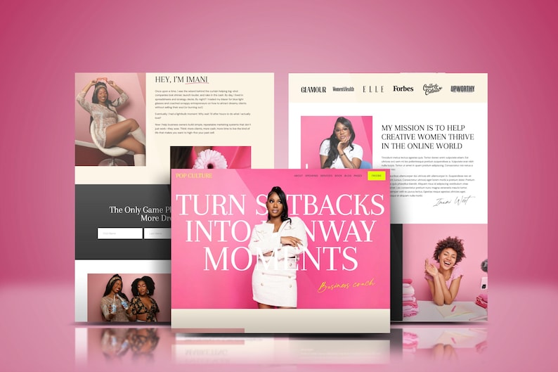 May include: A series of website mockups in pink and white. The central mockup displays the text "TURN SETBACKS INTO RUNWAY MOMENTS." Other mockups include the text "HEY, I'M IMANI" and "MY MISSION IS TO HELP CREATIVE WOMEN THRIVE IN THE ONLINE WORLD."