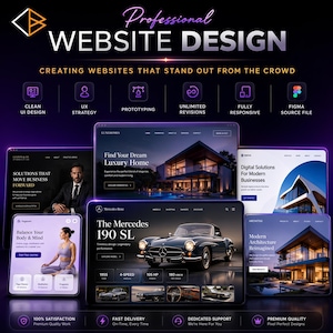 Peut inclure: Image promotionnelle pour les services de conception de sites web. L'image présente des maquettes de sites web sur des tablettes, dont une maison de luxe, une Mercedes-Benz et un site web de yoga. Le texte comprend "Professional Website Design" et des fonctionnalités telles que "Clean UI Design" et "Fully Responsive."