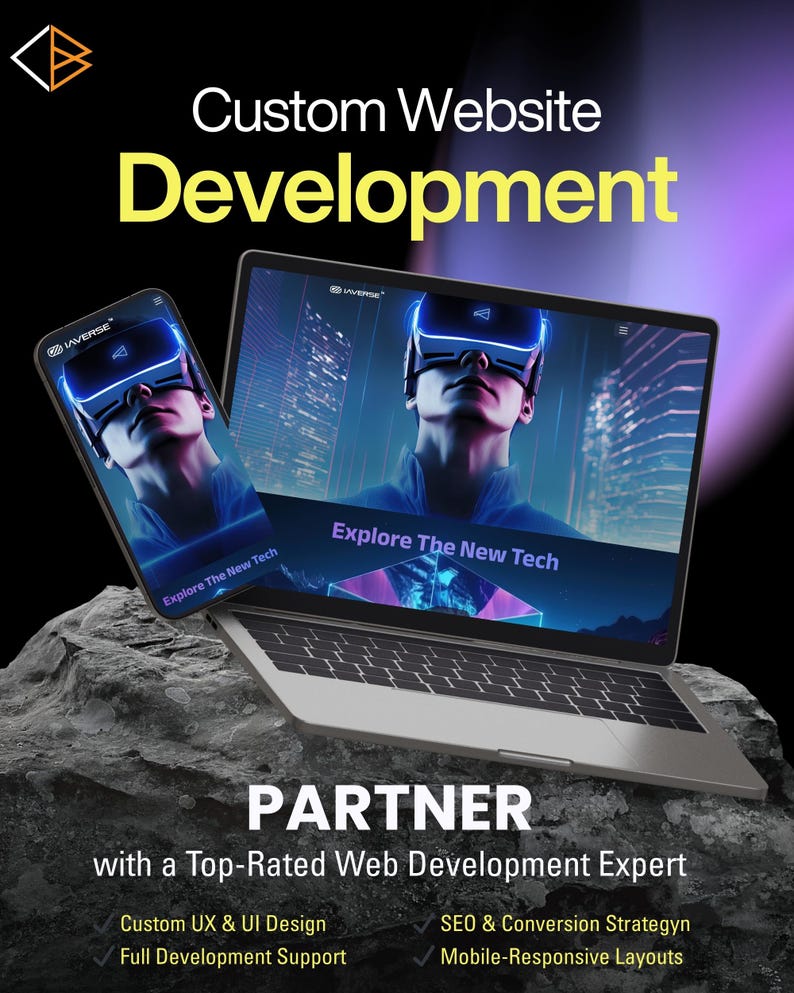 K&ouml;nnte beinhalten: Ein Laptop und ein Smartphone zeigen eine Website mit einer Person, die eine VR-Brille tr&auml;gt. Der Text "Custom Website Development" ist gelb. Das Bild enth&auml;lt auch den Text "Explore The New Tech" und "PARTNER with a Top-Rated Web Development Expert."