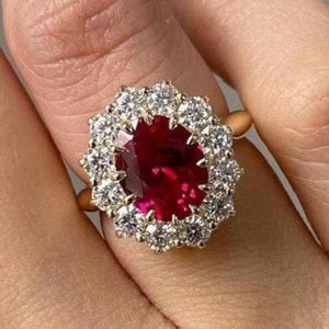 Bague de fiançailles simulée florale rouge ovale 2 carats, or jaune massif 14 carats, bague halo de mariage, bague de fiançailles en mariage, cadeau pour femme un jour spécial