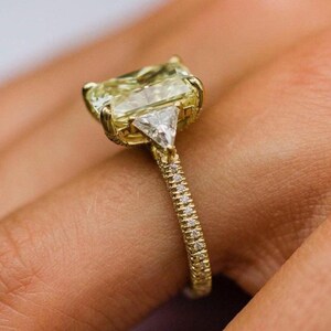 3CT Champagne Radiant Cut Simulate Engagement Ring, 14k Solid Yellow Gold, Three Stone Pave Band Hidden Halo & Bridge Proposal Gift For Love