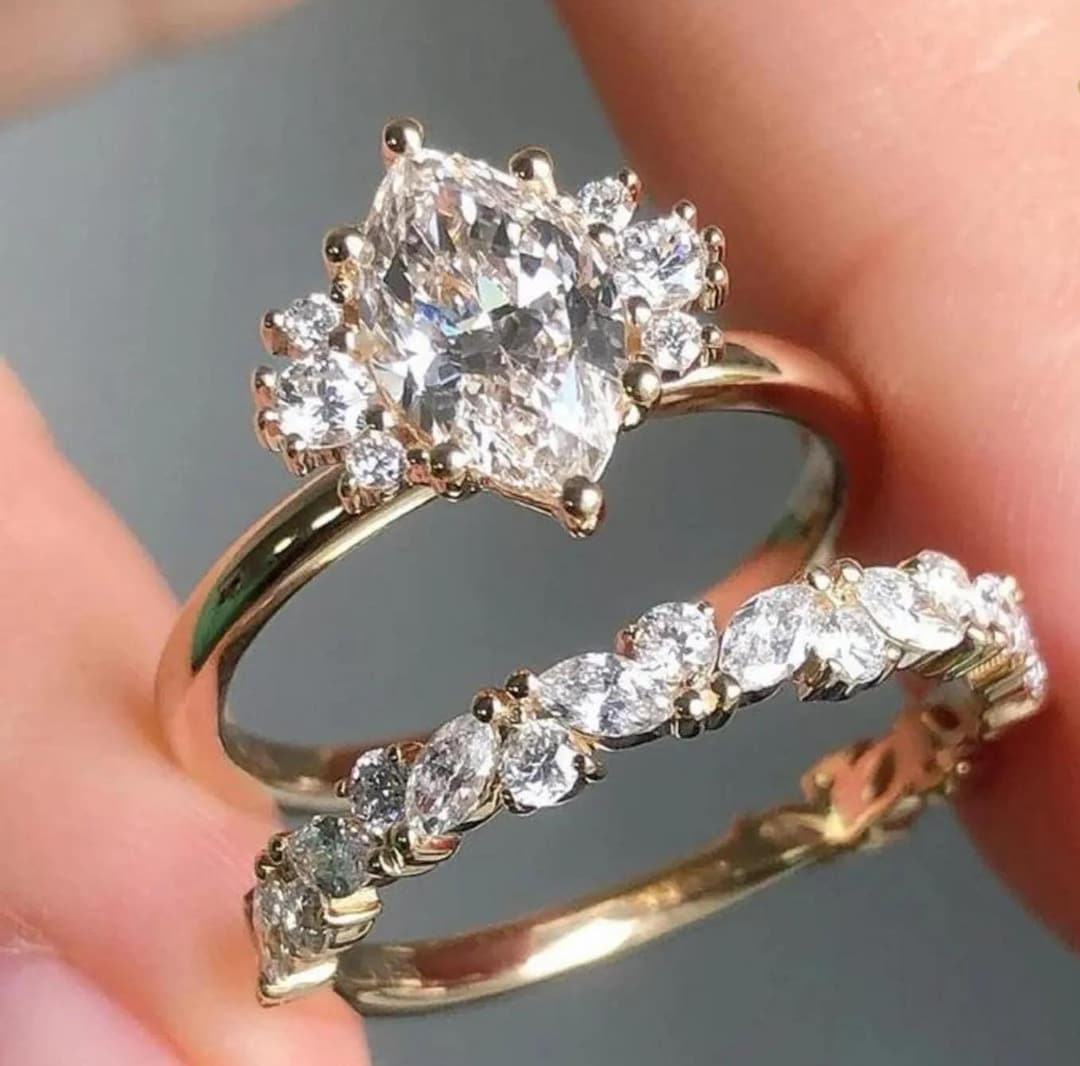 2CT Marquise Cut Moissanite Bridal Ring Set 14K Solid Yellow Gold ...