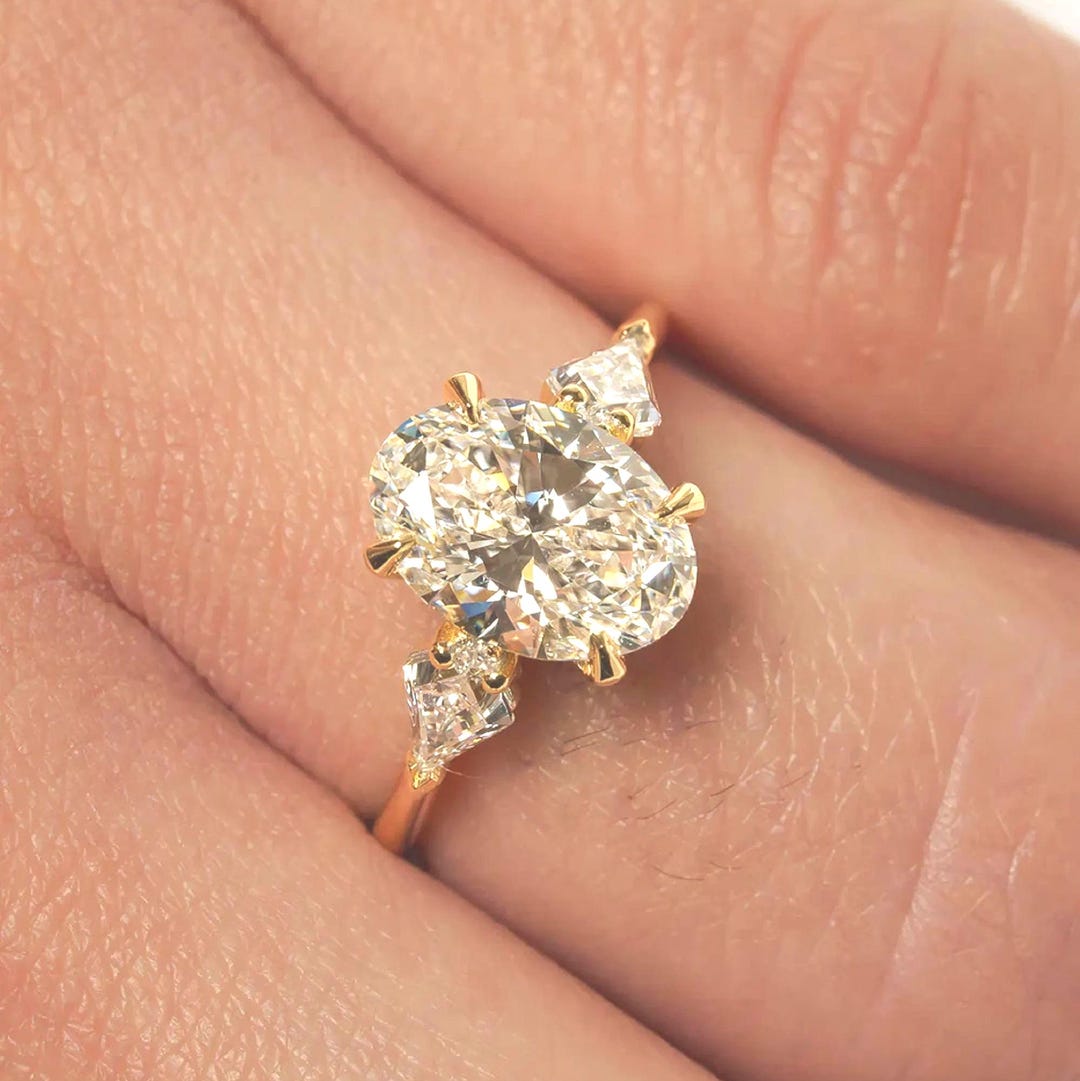 2CT Oval Cut Moissanite Engagement Ring, 14k Solid Yellow Gold, Trilogy ...