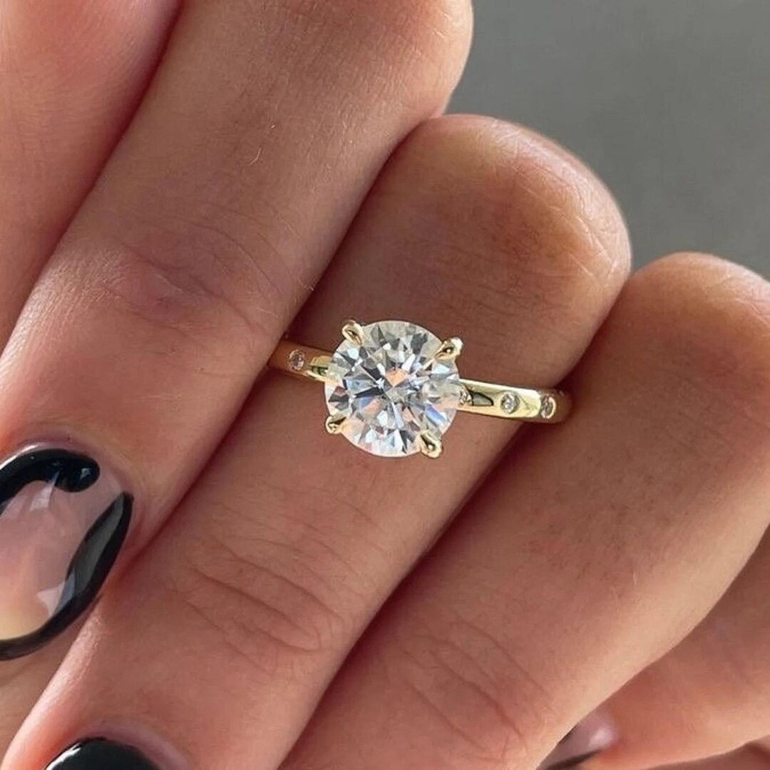 2CT Round Cut Moissanite Modern Engagement Ring, 14k Solid Yellow Gold ...