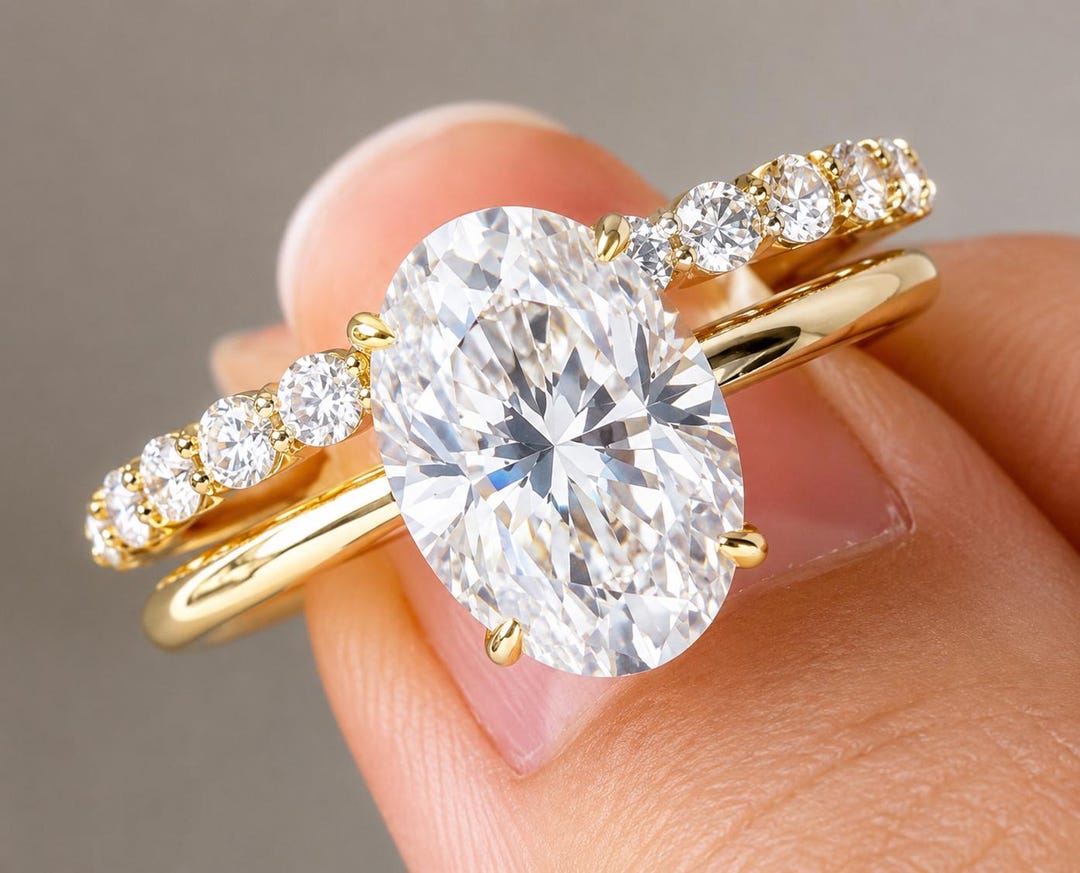 3CT Oval Cut Moissanite Vintage Bridal Ring Set 14K Solid Yellow Gold ...