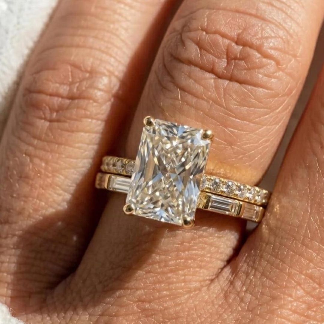 3CT Radiant Cut Moissanite Stone Bridal Ring Set, 14K Solid Yellow Gold ...
