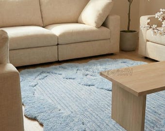 Textured Soft Blue Hand Tufted Rug, Irregular Handmade Wool Rug, Loop-Cut Pile Carpets for Living Dining Bedroom 8x10 9x12 10x14 Area Rug